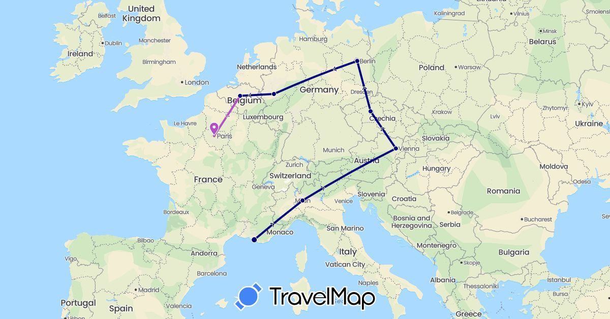 TravelMap itinerary: driving, train in Austria, Belgium, Czech Republic, Germany, France, Italy (Europe)